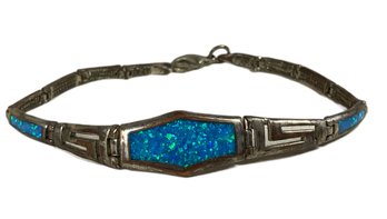 Silver Plated Link Bracelet With Inlay Genuine Opal Stones