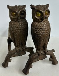 Vintage Brass Owl Andirons With Glass Eyes