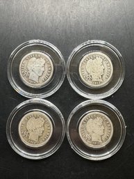 4 Barber Silver Dimes 1910, 1911, 1912, 1913