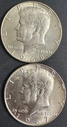 2 Forty Percent Silver Kennedy Half Dollars 1967, 1968-D