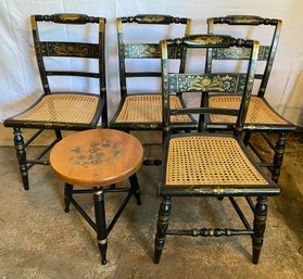 Four Good Looking Stenciled Side Chairs With Caned Seats And Hitchcock Stool