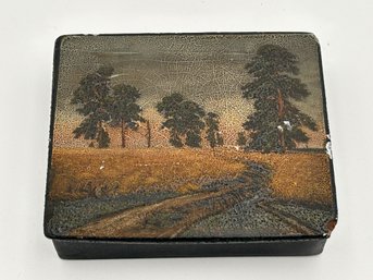 Antique Russian Hand Painted Lacquered Snuff Or Trinket Box With Tree Lined Landscape