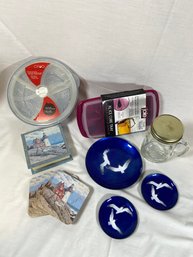 Bovana Blue Enamel Trinket Plates Seagulls, Lighthouse Coasters, Blue & White Compartment Bowl, Ice Cube Tray