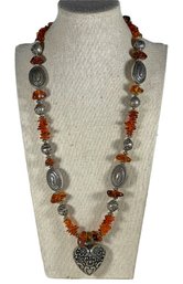 Fine Silver Tone And Genuine Amber Necklace W Repousse Heart Pendant