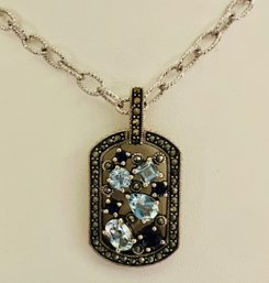 SIGNED CNA STERLING SILVER MULTIPLE TYPE OF BLUE TOPAZ MARCASITE NECKLACE