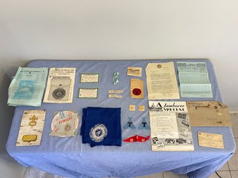 Lot Of 1930's Boy Scout Items Including 1935 National Jamboree Handkerchief, Pins, And Patches