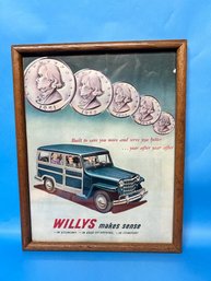 1950s Willys Advertisement Framed Behind Glass