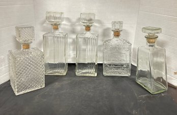 Collection Of 5 Liquor Decanters Crystal Glass Bottles With Stoppers - Diamond Pattern. BW/A5