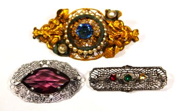 Lot Three Vintage Edwardian Filigree Brooches And Pins