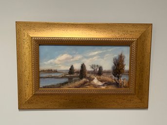 Signed Oil On Board Landscape Painting By Brumberg - Wide Gilt-Wood Frame