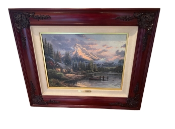 Thomas Kinkade 'lakeside Hideaway' Reproduction Print With Ornate Rosewood Frame