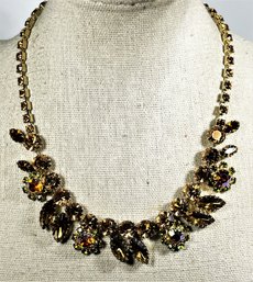 Vintage Amber Colored Rhinestone Necklace W Rose Colored Flowers