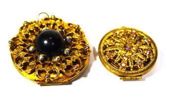 Two Vintage Rhinestone Aurora Borealis Hinged Locket Pendants In Gold Tone