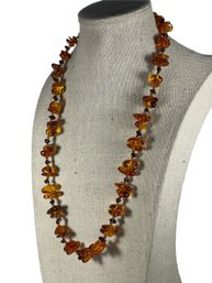 Fine 22' Long Genuine Amber Beaded Necklace Having Gold Tone Spacers