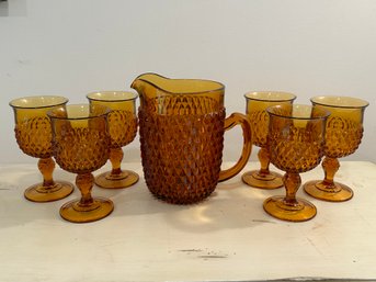 Vintage Amber Indiana Glass Diamond Point Footed Wine/Water Goblets & Pitcher