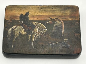 Fantastic Antique Russian Lacquered Wood Folk Box With Knight Painting