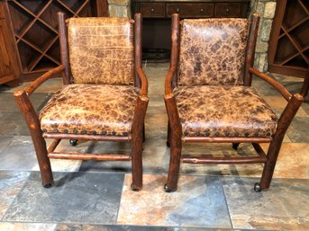 Pair (2 Of 2) Incredible OLD HICKORY Chairs - Paid $1,495 EACH - With Distressed Leather / On Casters - WOW !