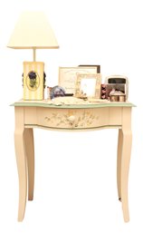Green And Cream Floral Nightstand With Lamp