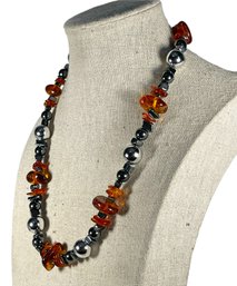 Fine Genuine Amber Beaded Necklace Having Large Silver Beads 18'