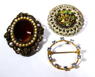 Lot Three Vintage Brooches Rhinestone, Art Glass And Faux Pearl