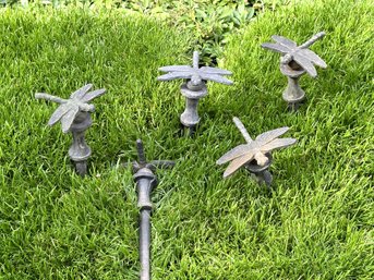 A Super Charming Set Of Five Dragonfly Garden Stakes In Cast-Metal