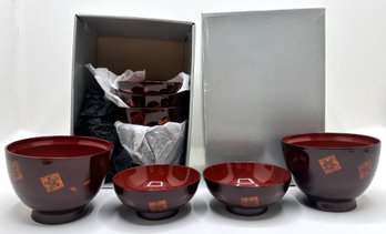 Set Of 5 New Japanese Genuine Lacquer Bowls With Lids, Never Used