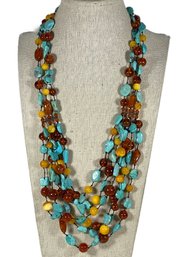 Fine Multi Strand Turquoise And Amber Beaded Necklace Sterling Silver