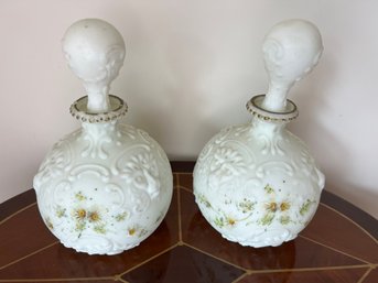 Pair Of Hand-Painted Antique White Satin Glass Decanters