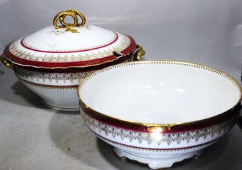 Two Pieces Antique Limoges Burgundy & Gold Tureen And Serving Bowl