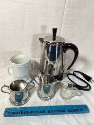 FarberWare 8 Cup Electric Percolator, Sheffield Pewter Cream & Sugar Set, White Procelain Tea/coffee Filter