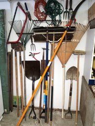 Great Lot Of Nice Quality Garden And Yard Tools - Shovels  - Rakes - Brooms -  Extension Cords - Pole Saw