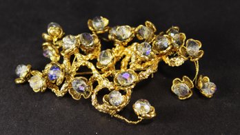 DESIGNER RHINESTONE GOLD TONE LARGE BROOCH SIGNED