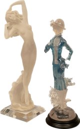 18' Frosted Lucite Crystallus Nude Sculpture And Lucite Lady In Blue Figurine
