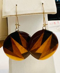 SIGNED RICHWOOD HAND MADE WOOD INLAID AND LAQUERED EARRINGS