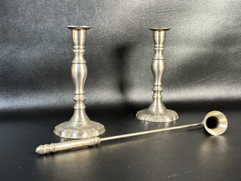 A Pair Of Vintage Pewter Candlesticks & Snuffer