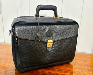 Vintage Black Ostrich Briefcase/Carry Bag With Brass Hardware