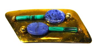 Artisan Studio Crafted Brooch In Gilt Brass Signed Florelle Lapis & Malachite