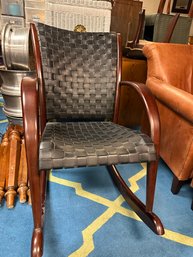 Levenger Woven Black Leather Rocking Chair With Wood Trim