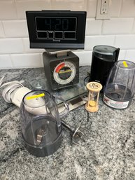 A Kitchen Tool Grab Bag - Scale, Clock, Coffee Grinder, Bullet Containers  More