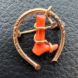 Lovely Victorian Branch Coral Horseshoe GF Brooch