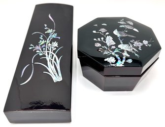 2 Japanese Genuine Lacquer With Mother-Of-Pearl Inlays Decorative Boxes