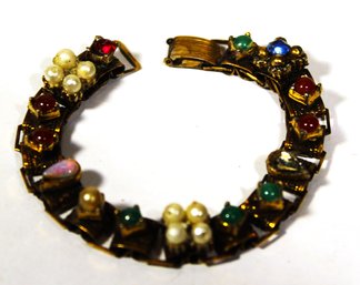 Gold Tone Gilt Brass Fancy Link Bracelet W Various Glass Stones Faux Pearls