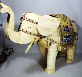 Large Chinese Bone, Wood And Gilt Silver And Gemstone Elephant Figure 14' Tall