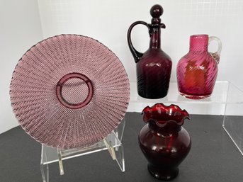 Vintage Amethyst & Red Glass Items Plate, Red Ruffled Anchor Hocking  Vase, Cruet, Red Swirled Jug