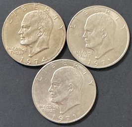 3 Eisenhower Dollars 1971, 1971-D, 1974