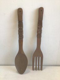 Large Hand Carved In Philippines Fork And Spoon