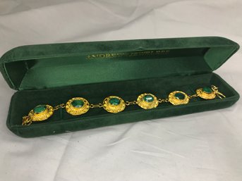 Very Pretty 925 / Sterling Silver With 18KT Gold Overlay Bracelet With Natural Emerald - Very Nice Bracelet