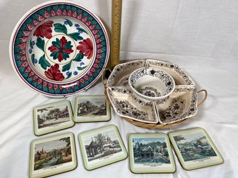 Dutch Garden Porcelain 5 Piece Serving Dish Set, Nimy Imperiale Royale Belgium Bowl, English Villages Coasters
