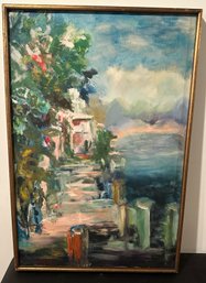 Stunning Original European Oil Painting Of Seaside Staircase Unsigned?