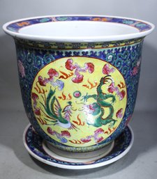 Fine Chinese Rose Famille Porcelain Jardiniere W Liner Phoenix & Dragon